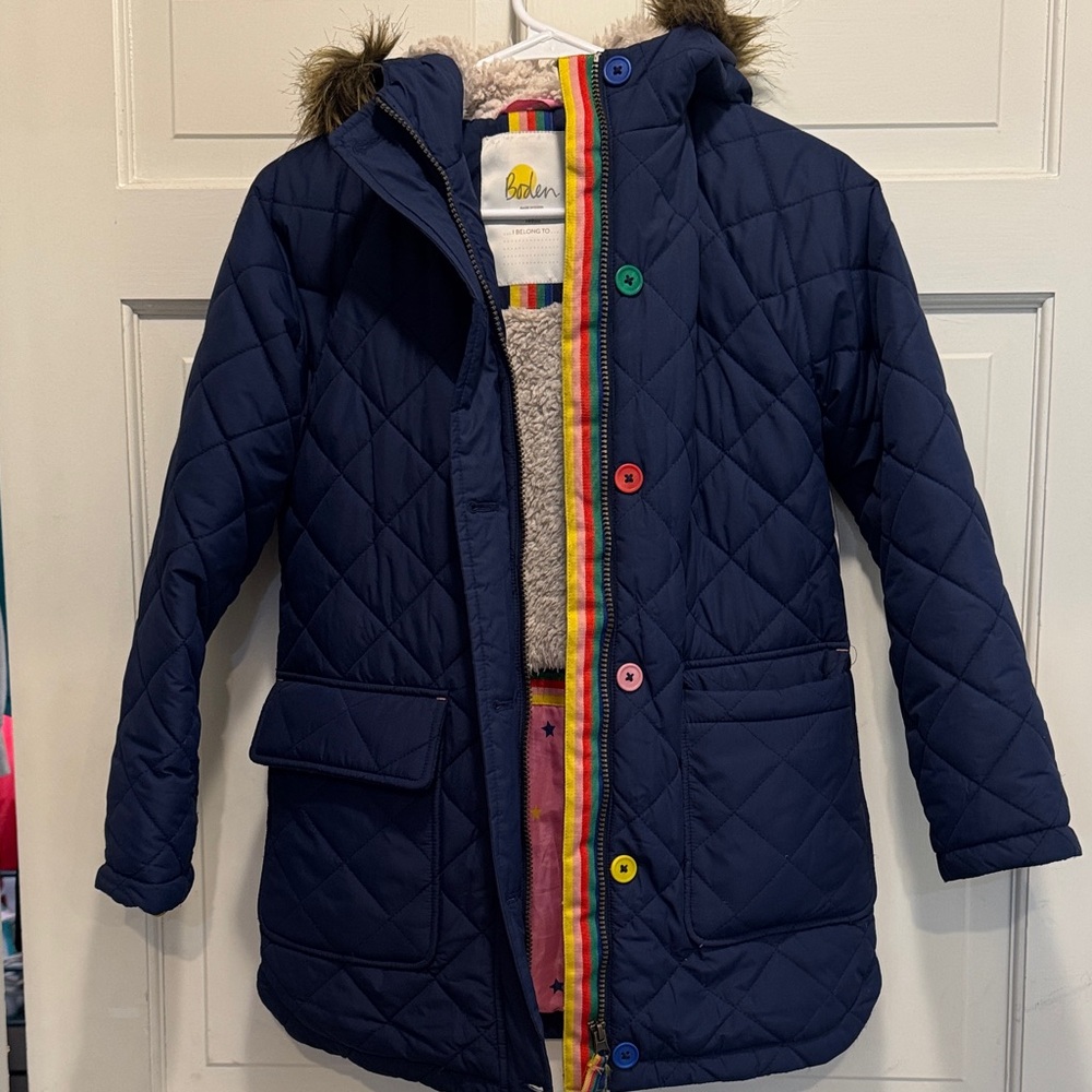 Boden Navy Diamond Quilted Parka with Rainbow Trim